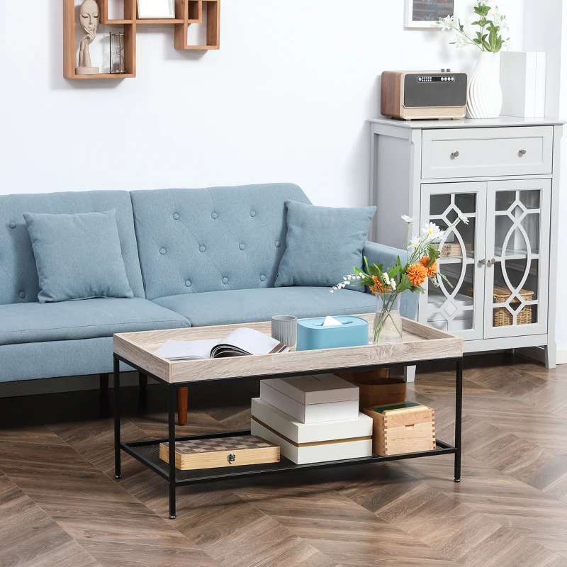 HOMCOM Table Basse rectangulaire 2 Niveaux avec étagère en métal perforée et Plateau en Bois -Industriel - 100 x 50 x 46,5 cm