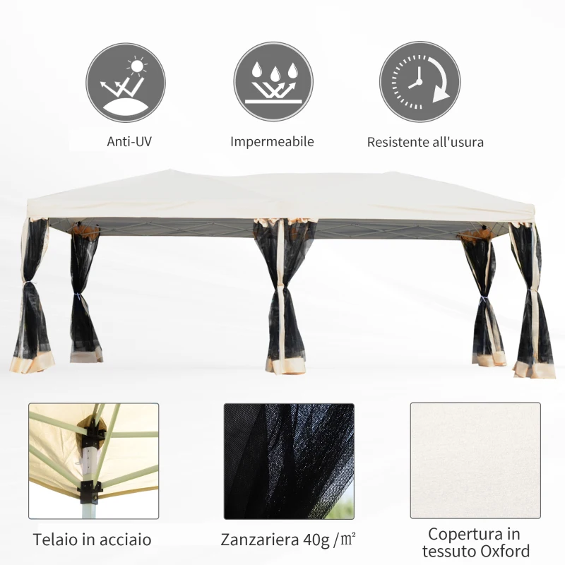 Outsunny Gazebo da Giardino 3x6 m Pieghevole e Impermeabile con Zanzariera e Borsa da Trasporto Inclusa, Beige