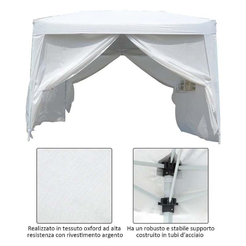 Outsunny Gazebo da Giardino 3x3m Pieghevole e Impermeabile con Pannelli Laterali, Bianco