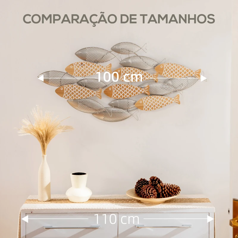 HOMCOM Decoração de Parede de Metal e Madeira 3D de Peixes 100x47cm Arte de Parede Metálica Prata e Madeira