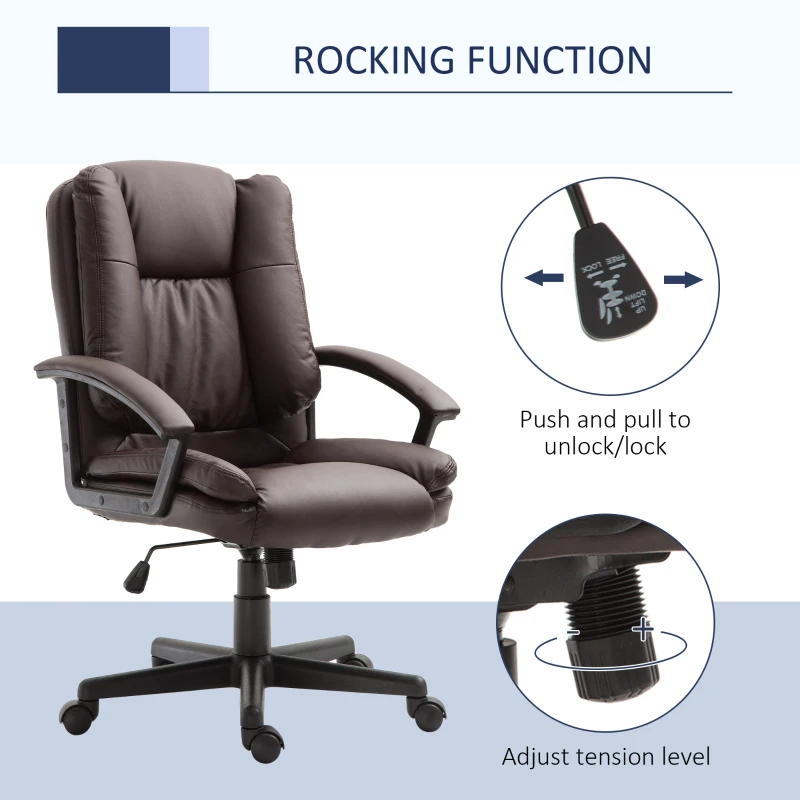 HOMCOM Mid Back Executive Office Chair, Faux Leather Computer Desk Chair with Swivel, Double-Tier Padding, Arm, Wheels, Brown(m-5)