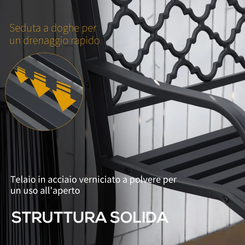 Outsunny Panchina da Esterno 2 Posti in Acciaio e Ghisa con Braccioli e Schienale Decorato, 128x58.5x89cm, Nero