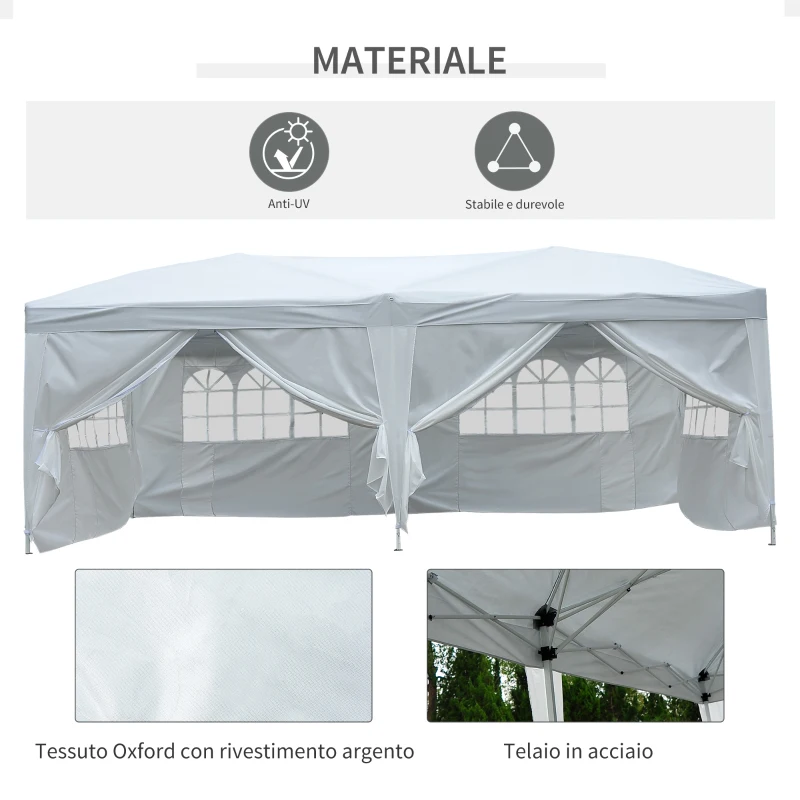 Outsunny Gazebo Pieghevole da Giardino 6x3 m con 6 Pannelli Laterali Bianco