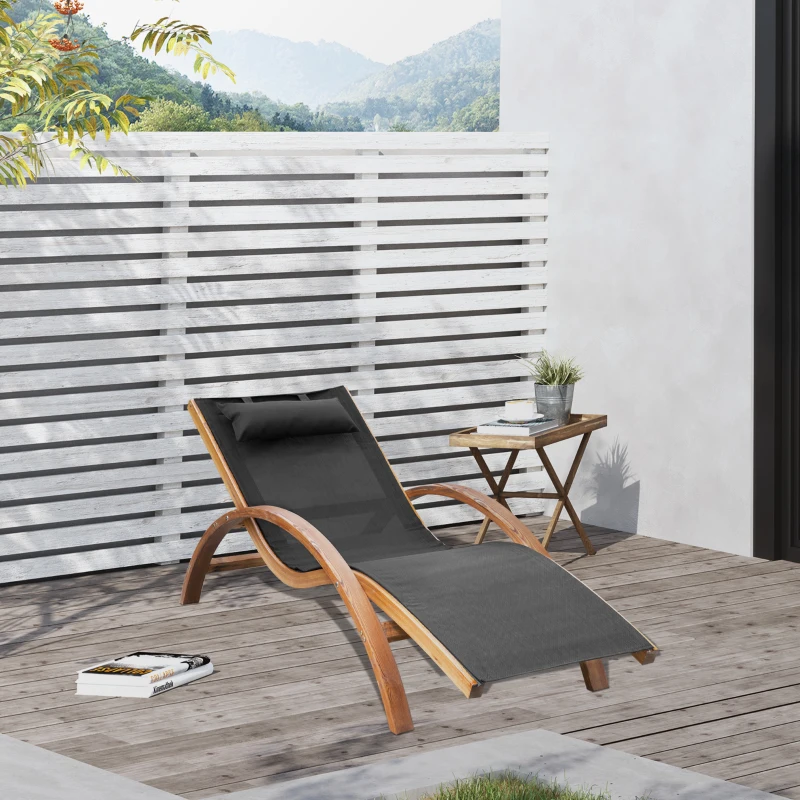 Outsunny Lettino Prendisole Chaise Longue con Poggiatesta in Legno e Tessuto a Rete, 165x72x86cm