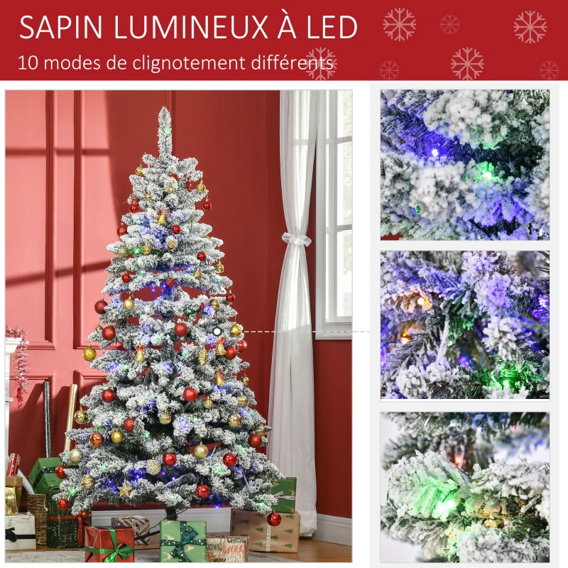 HOMCOM Sapin de Noël Artificiel Lumineux 180 cm arbre de Noël enneigé avec 10 modes d'éclairage Multicolore 585 Branches pour Maison, Magasin Vert