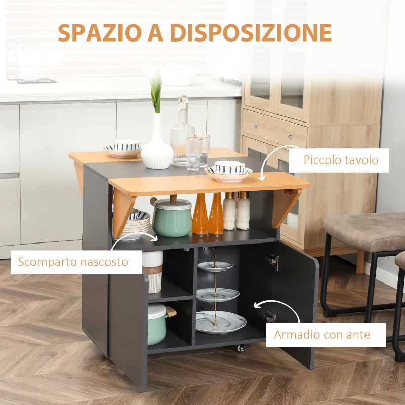 HOMCOM Tavolo Pieghevole Salvaspazio per 4 Persone max con 4 Ruote, Ripiano Nascosto e Armadietto con Ante, 70x83x75 cm