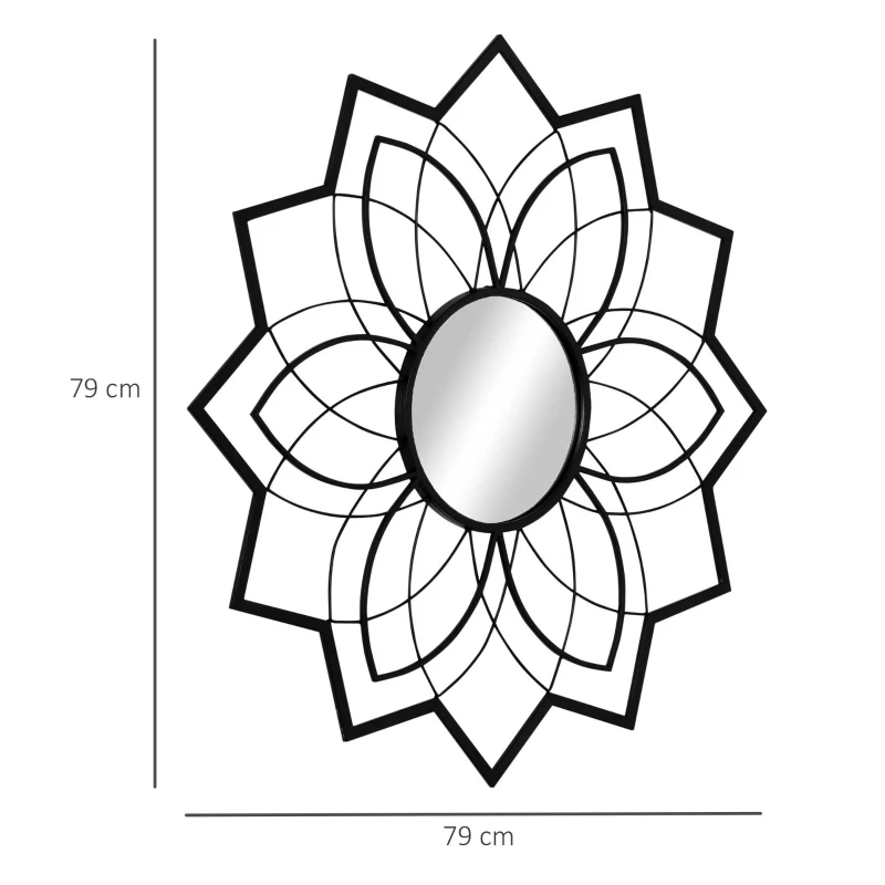 HOMCOM Okrągłe Lustro z motywami kwiatowymi 79 cm x 79 cm x 0,4 cm Szkło lustrzane Metal Drewno MDF Czarne