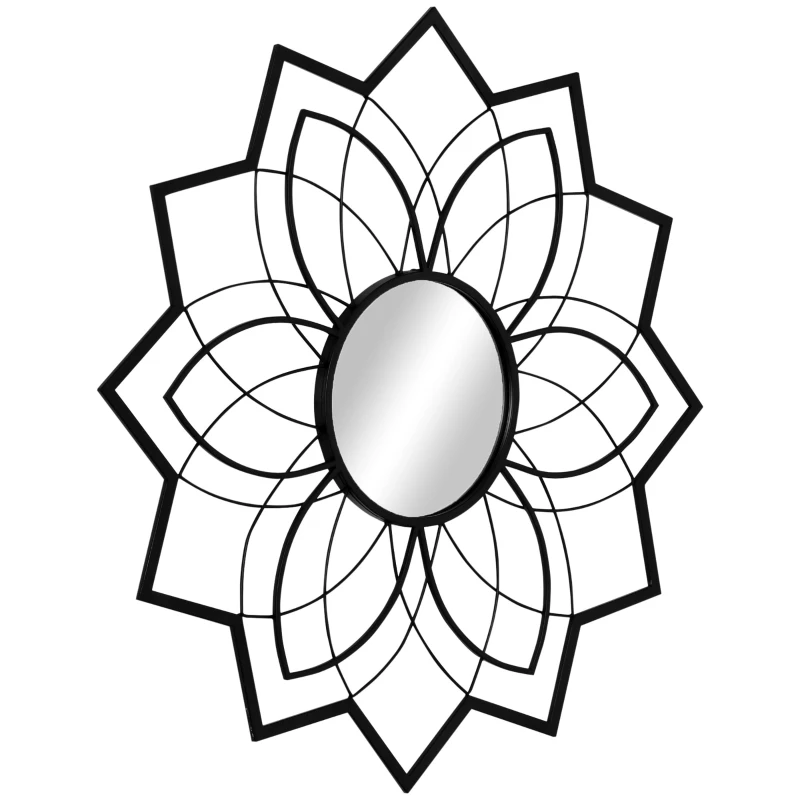 HOMCOM Okrągłe Lustro z motywami kwiatowymi 79 cm x 79 cm x 0,4 cm Szkło lustrzane Metal Drewno MDF Czarne