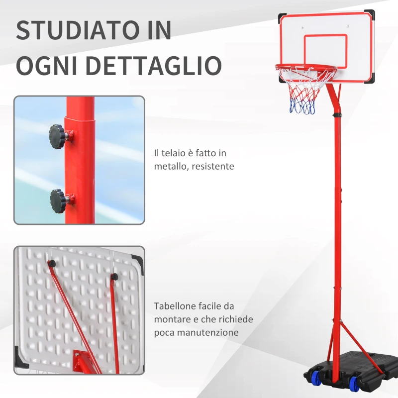 HOMCOM Canestro Basket per Bambini Portatile con Tabellone Bianco, Piantana, 2 Ruote e Altezza Regolabile 216-261.5cm