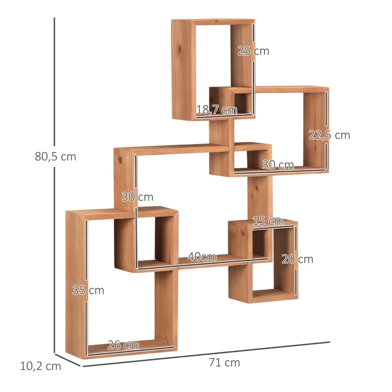 HOMCOM Wandregal Schweberegal, 5 Würfel, ineinandergreifend, 9 Fächer, Naturholz, 71 x 10,2 x 80,5cm