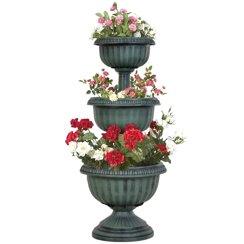 Outsunny Fioriera su 3 Livelli con Forma a Fontana, Design Vintage e Salvaspazio, Colore: Verde Antico, Ф43 x 98.5 cm