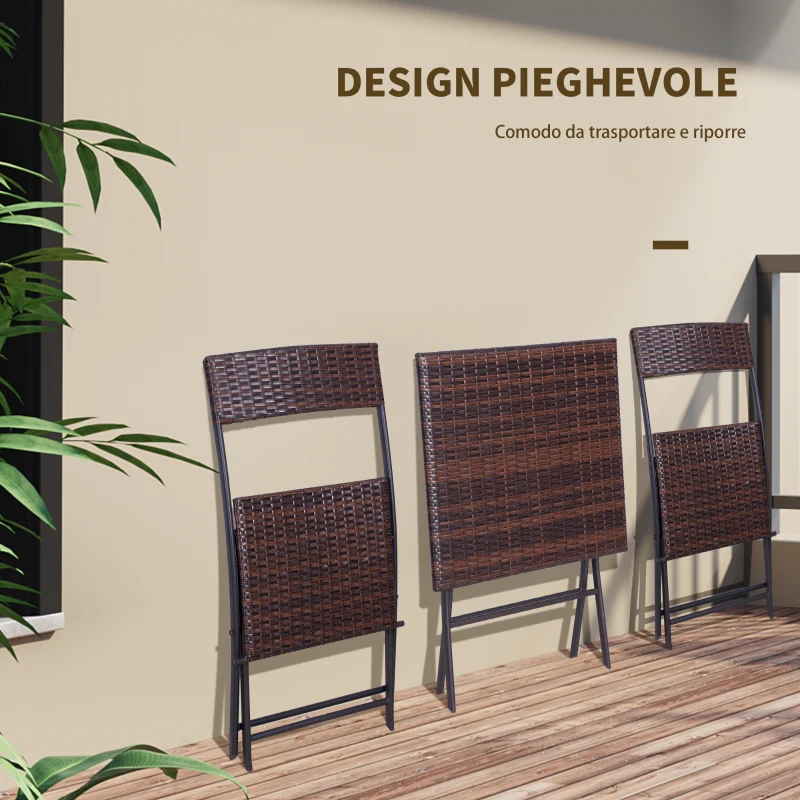Outsunny Set da Giardino Pieghevole da 3 Pezzi in Rattan PE e Metallo, Set 2 Sedie e Tavolino da Caffè, Protezione dai Raggi UV, Set di Mobili da Balcone, per Patio e Cortile, Marrone
