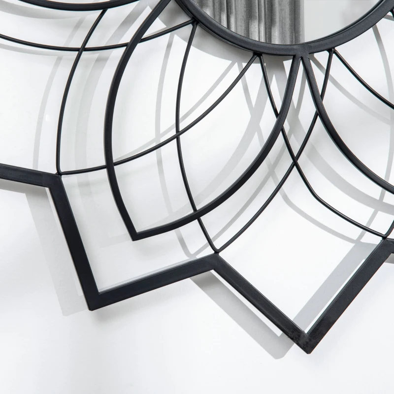 HOMCOM Okrągłe Lustro z motywami kwiatowymi 79 cm x 79 cm x 0,4 cm Szkło lustrzane Metal Drewno MDF Czarne
