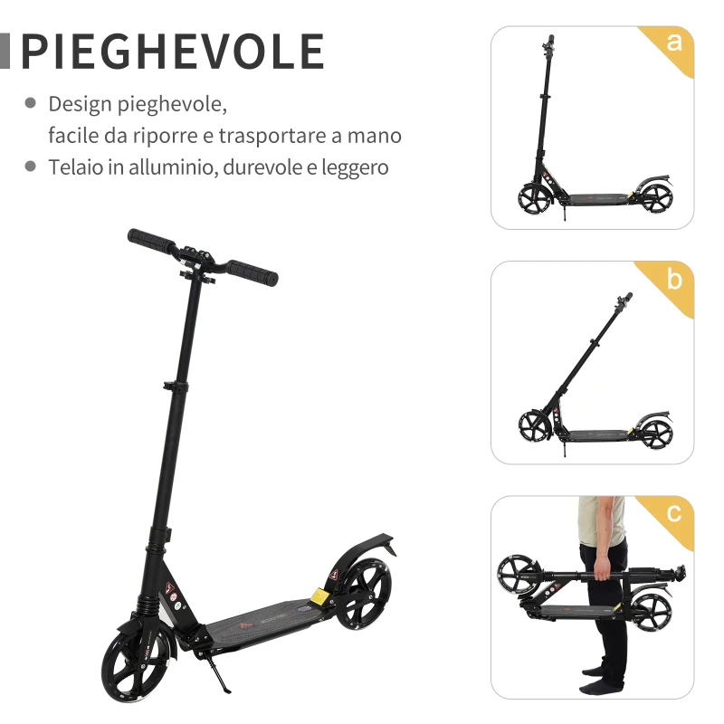 HOMCOM Monopattino Pieghevole per Bambini fino a 14 Anni con Grande Ruote Luminose e Manubrio Regolabile su 3 Livelli Nero, 200mm