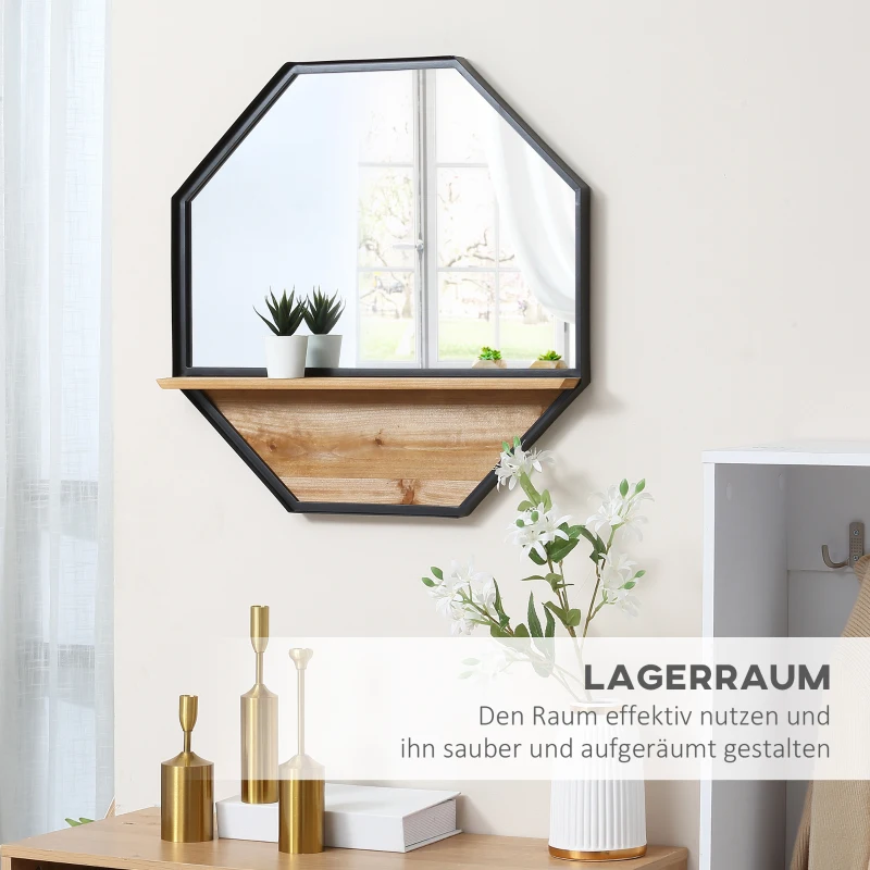 HOMCOM Wandspiegel mit Regal Industrie-Design Tannenholz Metall Schwarz +Natur