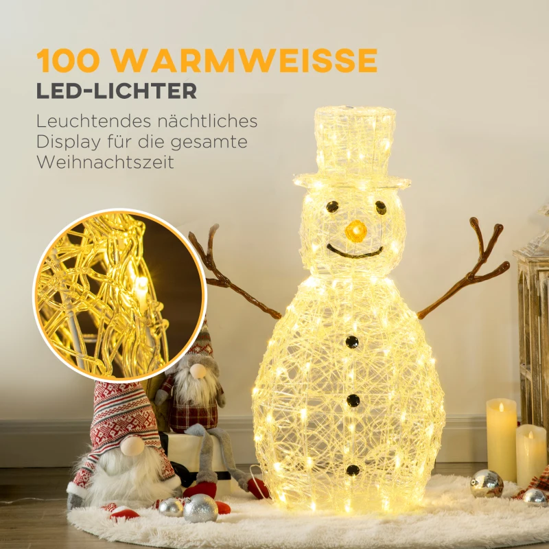 Outsunny Weihnachtsbeleuchtung, Schneemann-Leuchte, 100 LEDs, wetterfest, weiß, Metall, 40 x 40 x 90cm
