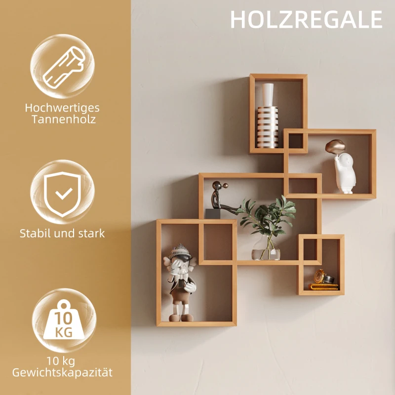 HOMCOM Wandregal Schweberegal, 5 Würfel, ineinandergreifend, 9 Fächer, Naturholz, 71 x 10,2 x 80,5cm