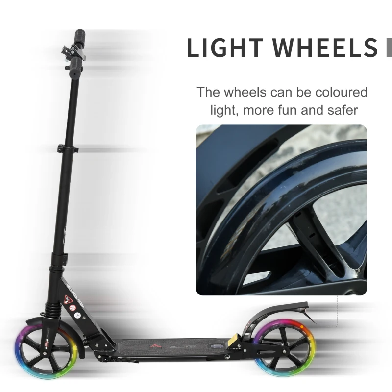 HOMCOM Monopattino Pieghevole per Bambini fino a 14 Anni con Grande Ruote Luminose e Manubrio Regolabile su 3 Livelli Nero, 200mm