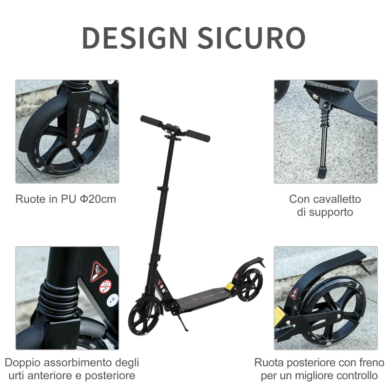 HOMCOM Monopattino Pieghevole per Bambini fino a 14 Anni con Grande Ruote Luminose e Manubrio Regolabile su 3 Livelli Nero, 200mm