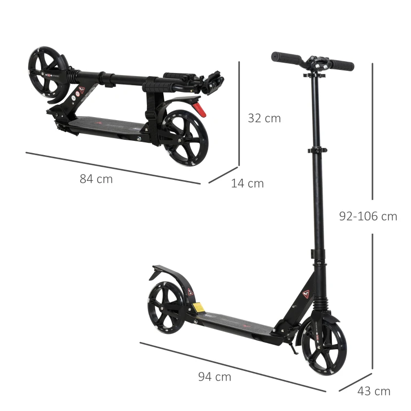 HOMCOM Monopattino Pieghevole per Bambini fino a 14 Anni con Grande Ruote Luminose e Manubrio Regolabile su 3 Livelli Nero, 200mm