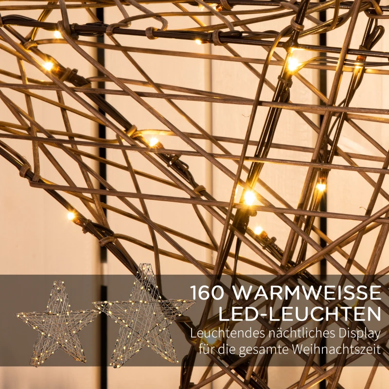 Outsunny Weihnachtsbeleuchtung, Set aus 2 Weihnachssternen, 160 LEDs, wetterfest, Metall, 80 x 30 x 80cm