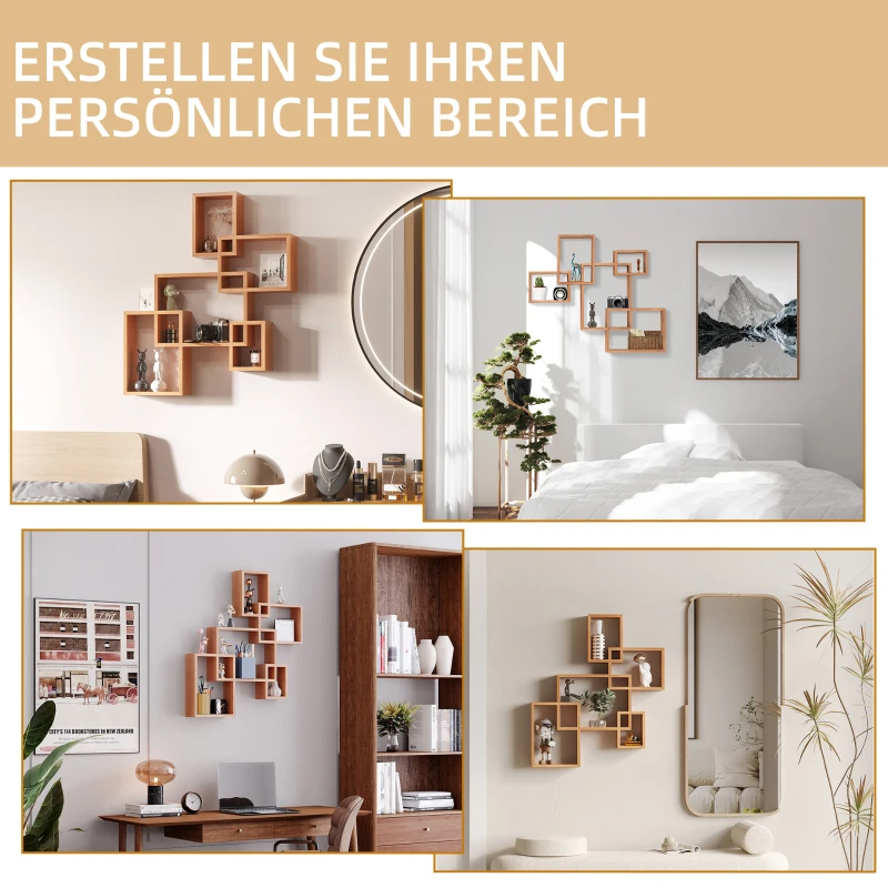 HOMCOM Wandregal Schweberegal, 5 Würfel, ineinandergreifend, 9 Fächer, Naturholz, 71 x 10,2 x 80,5cm