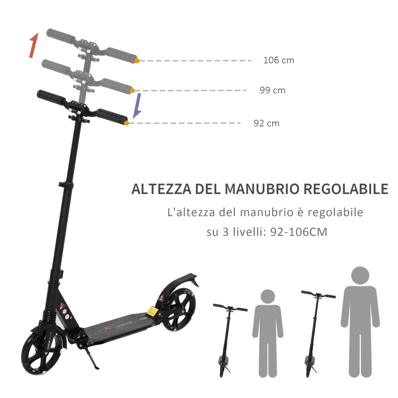 HOMCOM Monopattino Pieghevole per Bambini fino a 14 Anni con Grande Ruote Luminose e Manubrio Regolabile su 3 Livelli Nero, 200mm