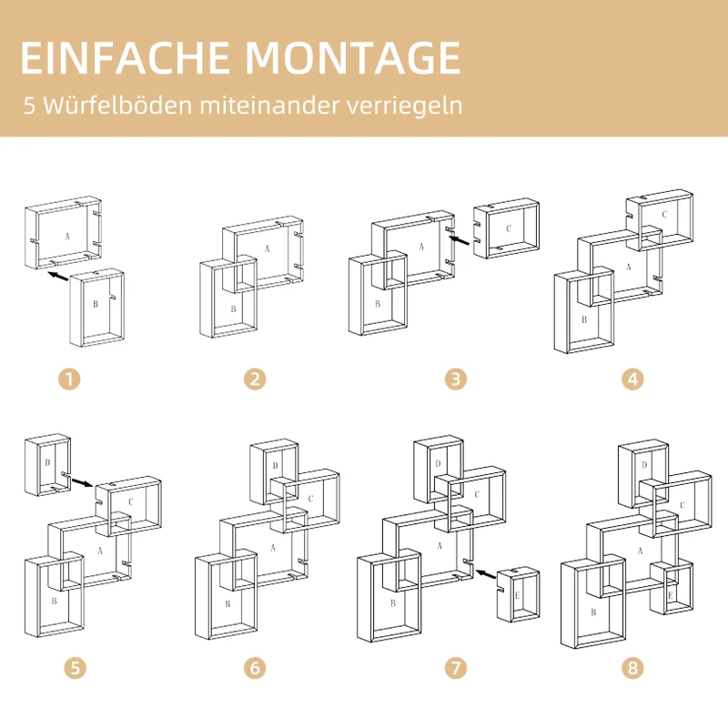 HOMCOM Wandregal Schweberegal, 5 Würfel, ineinandergreifend, 9 Fächer, Naturholz, 71 x 10,2 x 80,5cm