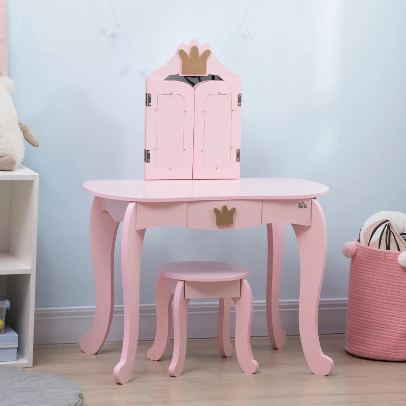 HOMCOM Tocador Infantil de Madera con Taburete y Espejos Mesa de Maquillaje para 3-6A  Estilo Princesa 79x48x103 cm Rosa