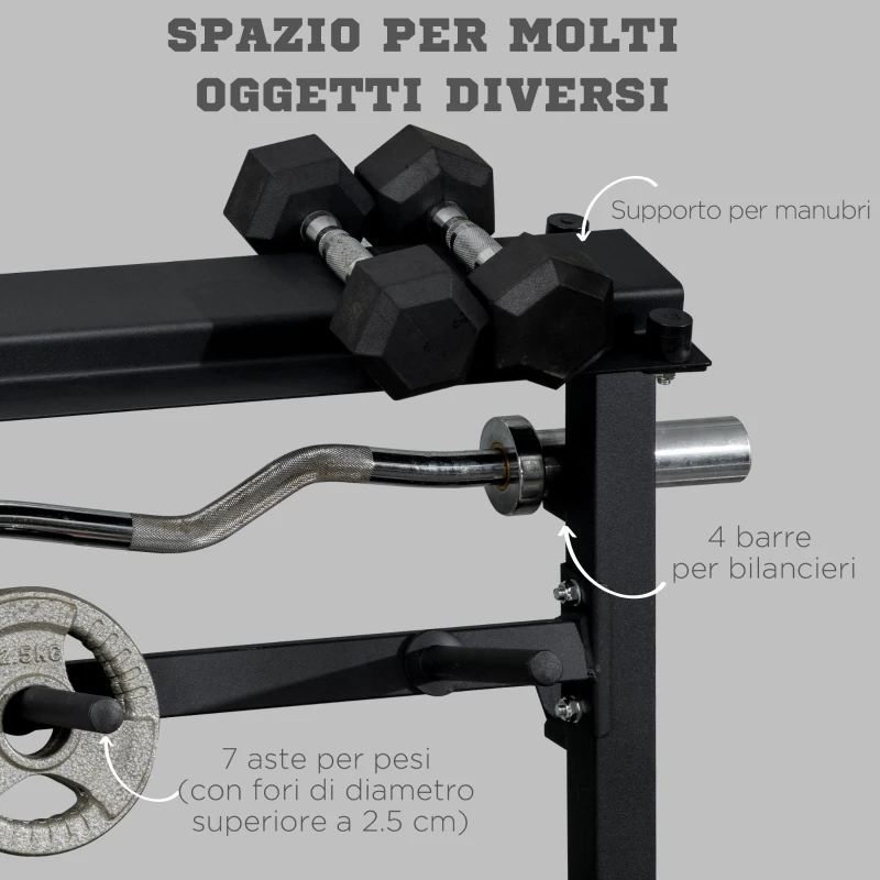 HOMCOM Porta Bilanciere Multiuso per Barre, Manubri e Dischi Pesi in Acciaio, 100x55x102cm, Nero
