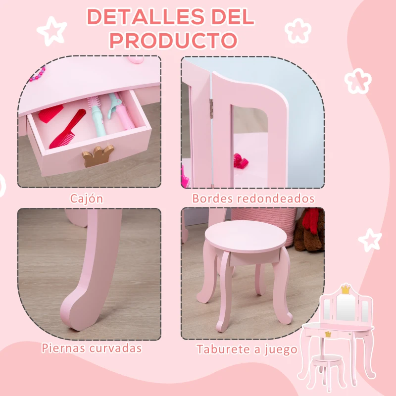 HOMCOM Tocador Infantil de Madera con Taburete y Espejos Mesa de Maquillaje para 3-6A  Estilo Princesa 79x48x103 cm Rosa