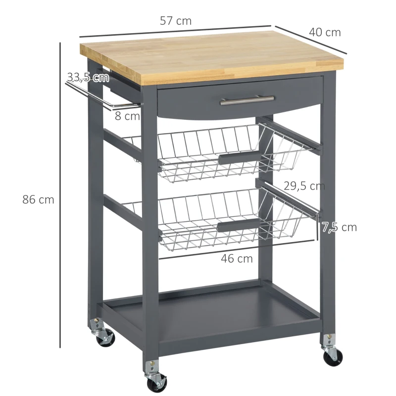 HOMCOM Desserte cuisine à roulettes chariot de service avec plan de travail, 2 paniers coulissants, 1 porte-torchons - gris