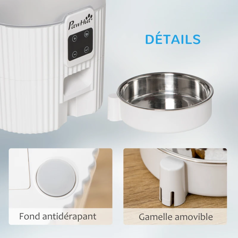 PawHut Distributeur 3.5L automatique de croquettes pour chien chat programmable avec gamelle 4 repas - avec bol en acier inoxydable enregistrement vocal