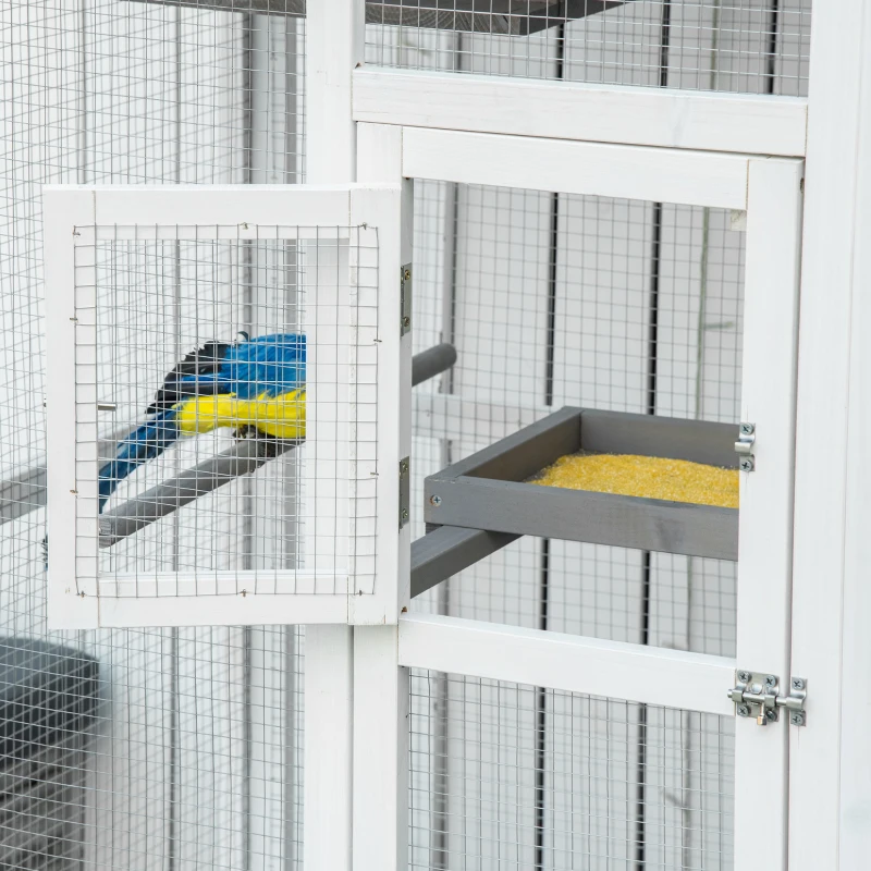 PawHut Voliere Vogelvoliere aus Holz, Vogelkäfig mit 4 Sitzstangen, Stahlgittern, 2 Türen, Vogelhaus für Sittiche, Finken, Stahl, Grau, 112 x 68 x 154 cm