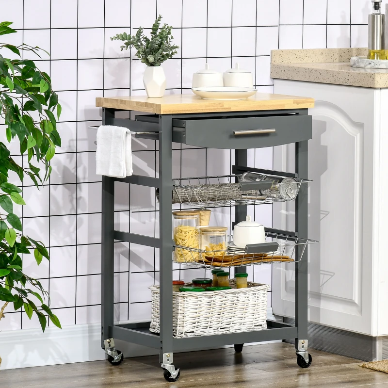 HOMCOM Desserte cuisine à roulettes chariot de service avec plan de travail, 2 paniers coulissants, 1 porte-torchons - gris