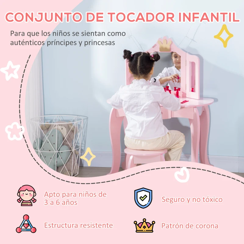 HOMCOM Tocador Infantil de Madera con Taburete y Espejos Mesa de Maquillaje para 3-6A  Estilo Princesa 79x48x103 cm Rosa