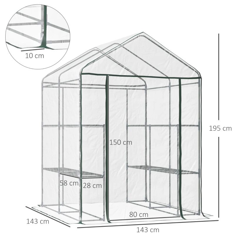 Outsunny Seră de Grădină, Seră în Aer Liber, Seră de Balcon cu Rafturi pentru Plante Legumicole, 1,43x1,43x1,95 m, Transparentă