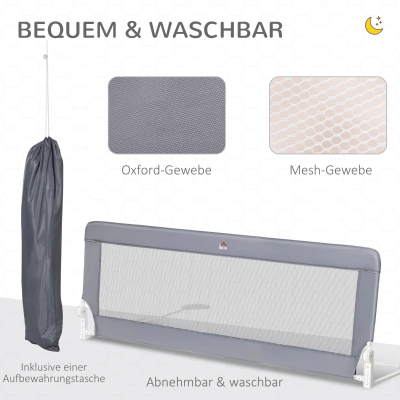 HOMCOM Bettschutzgitter, Stahl, klappbar, waschbarer Stoffbezug, für Kinder 1,5-5 Jahren, grau, 150 x 40 x 60cm