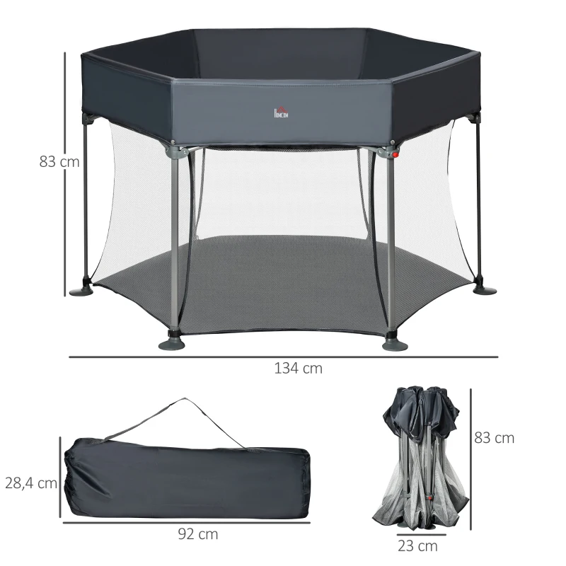 HOMCOM Laufstall klappbar tragbar 134 cm x 134 cm x 83 cm Mesh PP Grau
