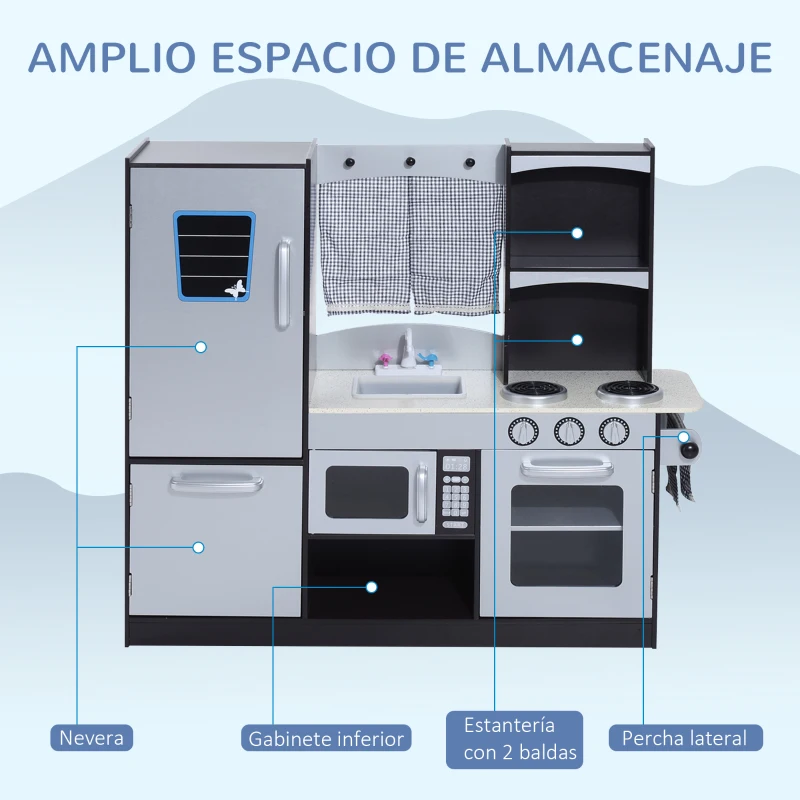 HOMCOM Cocina de Juguete Cocinita Infantil Madera Grande Juego de Imitación para Niños +3 Años con Accesorios Horno Microondas Fregadero 105x31.5x95cm