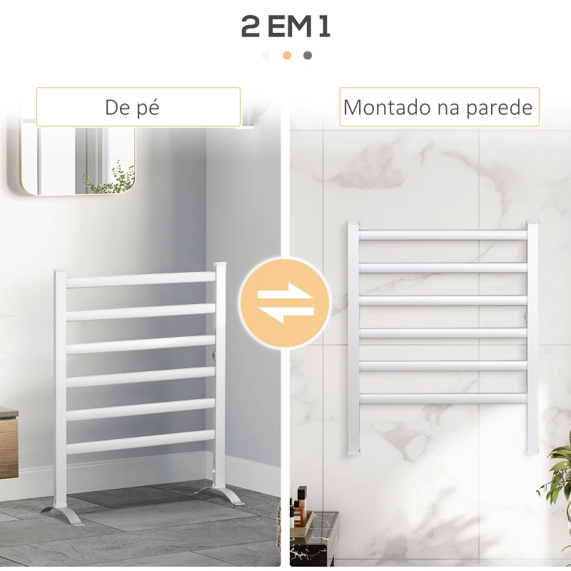 HOMCOM Toalheiro Elétrico para Casa de Banho 140W IPX4 Aquecedor de Toalhas Parede ou Chão com 6 Barras 90x36x69cm Prata
