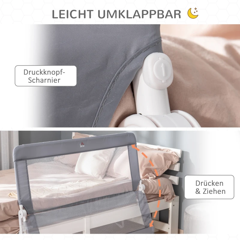 HOMCOM Bettschutzgitter, Stahl, klappbar, waschbarer Stoffbezug, für Kinder 1,5-5 Jahren, grau, 120 x 40 x 60cm