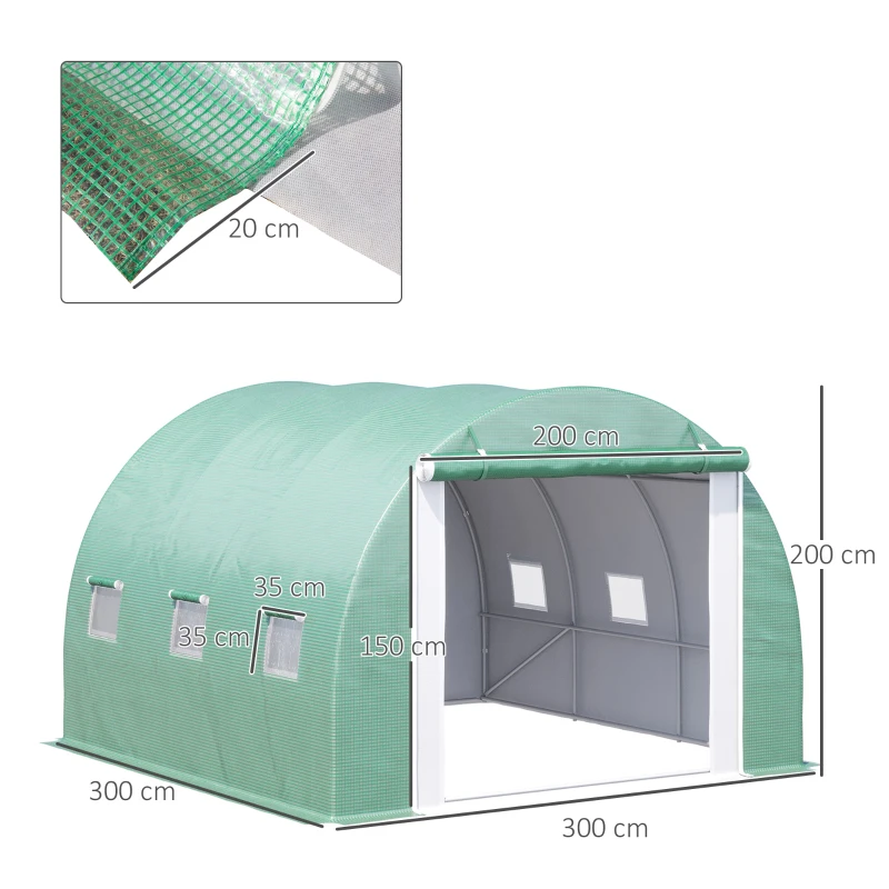 Outsunny Sera Tunel cu Usa si 6 Ferestre, Cadru in otel si Acoperire PE, Verde 300x300x200cm(m-3)