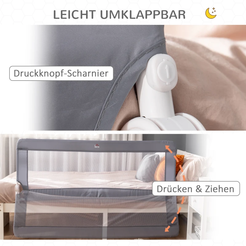 HOMCOM Bettschutzgitter, Stahl, klappbar, waschbarer Stoffbezug, für Kinder 1,5-5 Jahren, grau, 150 x 40 x 60cm