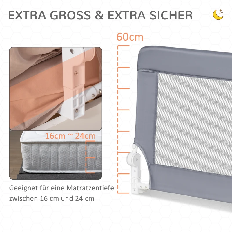 HOMCOM Bettschutzgitter, Stahl, klappbar, waschbarer Stoffbezug, für Kinder 1,5-5 Jahren, grau, 120 x 40 x 60cm