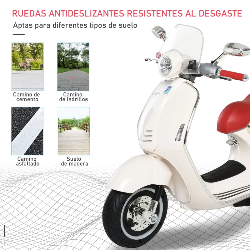HOMCOM Moto de Batería Autorizada de VESPA con Faros Música 2 Ruedas Auxiliares 108x49x75 cm Blanco