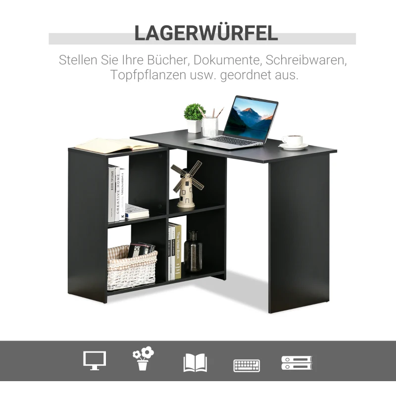 HOMCOM Eckschreibtisch Schreibtisch L-förmiger Schreibtisch Computertisch PC Laptop-Spieltisch Winkel Staufach Büro Schwarz 100 x 90 x 75 cm