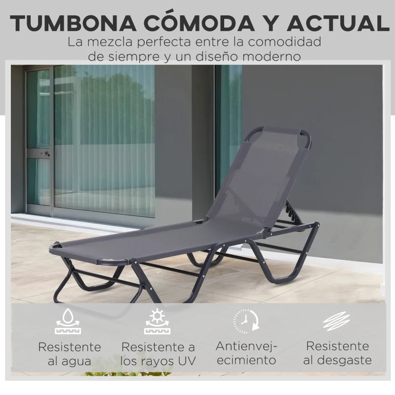 Outsunny Tumbona de Jardín de Aluminio con Respaldo Ajustable en 5 Posiciones Texteline para Terraza Patio Playa Piscina Exterior 163x58,5x91 cm Gris