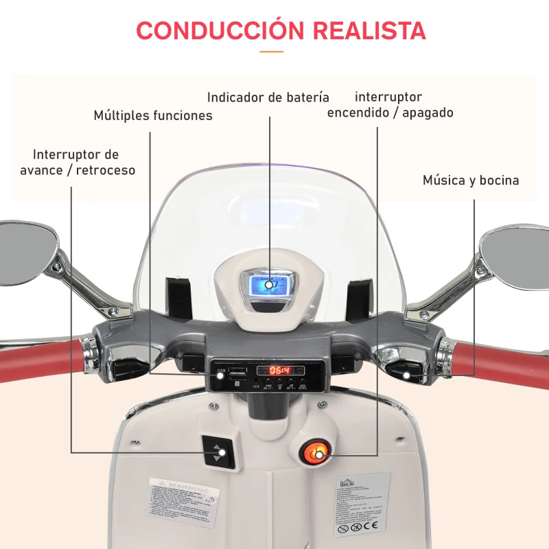 HOMCOM Moto de Batería Autorizada de VESPA con Faros Música 2 Ruedas Auxiliares 108x49x75 cm Blanco