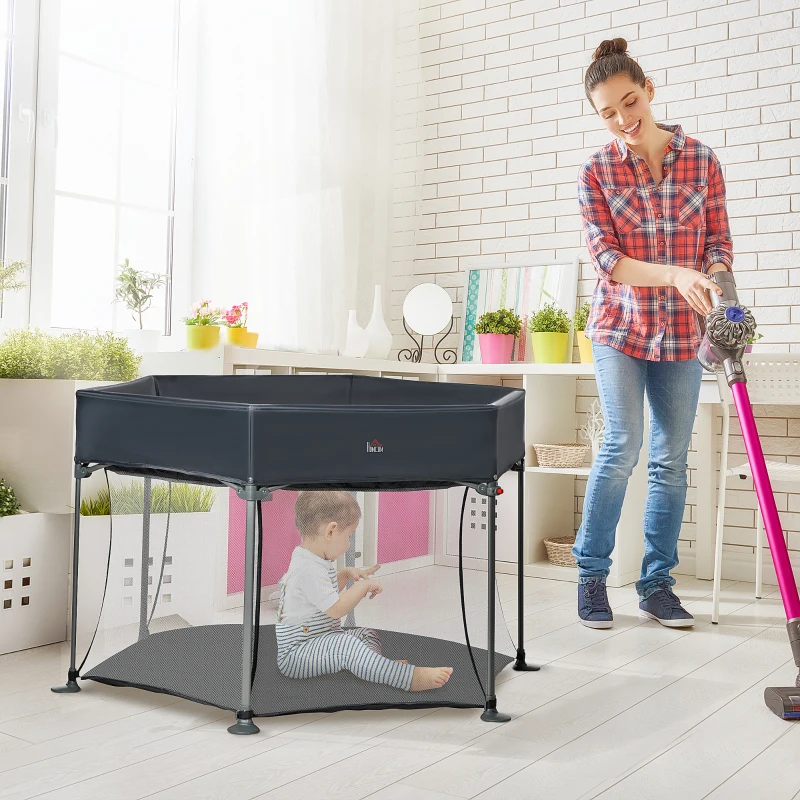 HOMCOM Laufstall klappbar tragbar 134 cm x 134 cm x 83 cm Mesh PP Grau